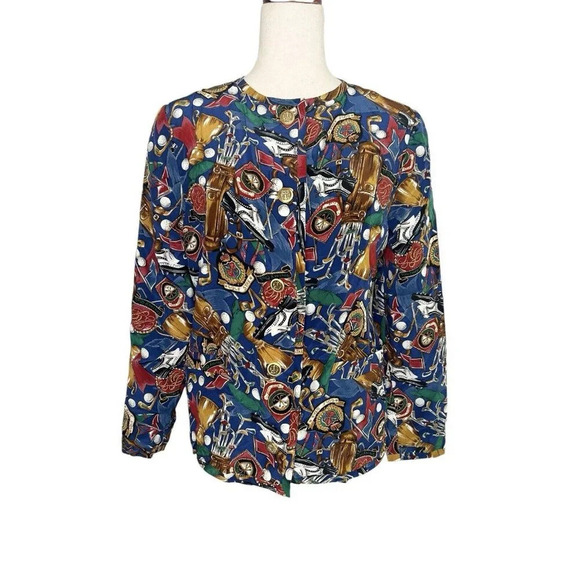 Vtg Women Golf All Over Print Top Topper Silky Elegant Button Front Country Club - Picture 1 of 11
